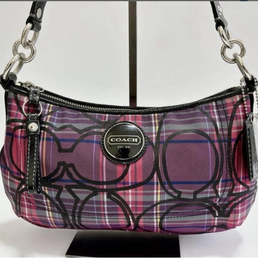 Coach Purple and Black Plaid Shoulder Bag